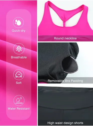 Vista 5 de Aleumdr Traje de baño deportivo de 3 piezas para mujer con pantalones cortos, camiseta sin mangas con brasier deportivo y pantalones cortos