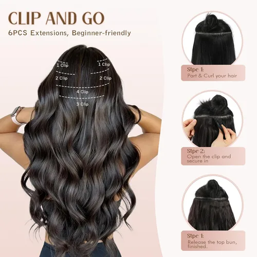 Vista 6 de Extensiones de cabello con clip para mujer, mezcla negra oscura con reflejos marrón claro, 20 pulgadas, 6 piezas, extensiones de cabello largo