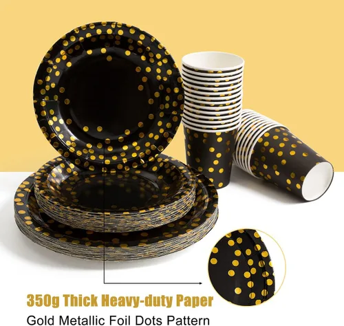 Vista 2 de HOMIX Suministros de fiesta negros y dorados, 175 piezas, platos desechables de papel negro, servilletas, vasos, tenedores de plástico dorado