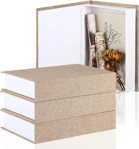 Vista 10 de Tioncy Caja de libros falsos de lino neutro, 3 piezas, decoración de imitación para decoración del hogar, estantes, mesa, tarjetas, fotos, regalo