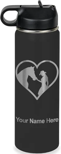 Vista 18 de LaserGram Botella de agua personalizada, corazón de vaquera de caballo, acero inoxidable de doble pared aislada al vacío con popote superior, regalo