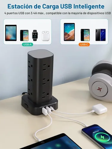 Vista 3 de Regleta de alimentación de torre con múltiples salidas, protector de sobretensiones de enchufe plano, cable de extensión de torre con 12 tomas