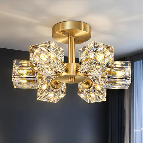Vista 13 de Lámpara de techo moderna de cristal, lámpara de techo semiempotrada con 4 luces, candelabros Sputnik negros y dorados para dormitorio, comedor