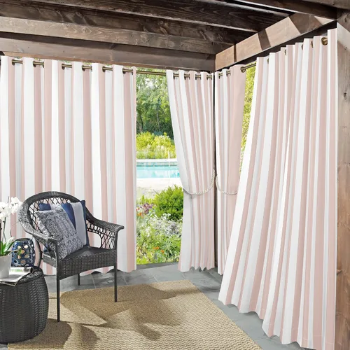 Vista 18 de Par de paneles de cortina con ojales Sun Zero Valencia estilo cabaña a rayas para interior/exterior con protección UV y eficiencia energética