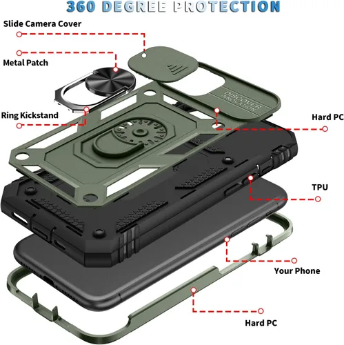 Vista 5 de PASNEW Funda militar para iPhone 13 Pro Max, cubierta de cámara deslizante y soporte de anillo de metal de 360°, carcasa rígida multicapa resistente