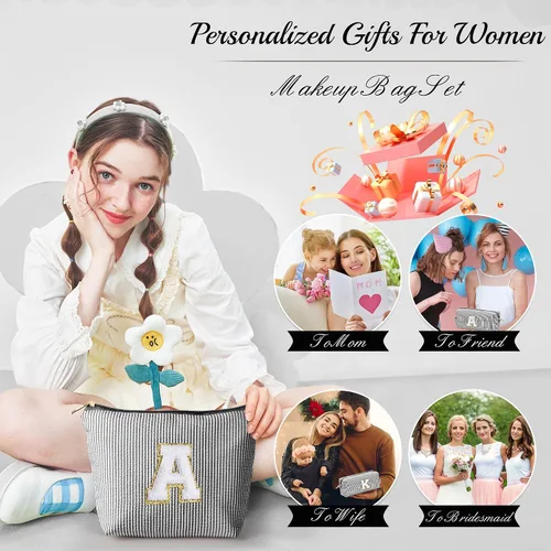 Vista 3 de YOOLIFE Regalos del Día de la Madre para Mujeres, Bolsa de Maquillaje con Iniciales, Bolsa de Maquillaje para Viaje, Bolsa de Maquillaje Negro