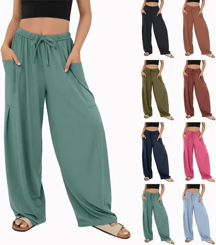 Vista 2 de Gumipy Pantalones holgados de pierna ancha para mujer, cintura elástica, con cordón, pantalones palazzo casuales con bolsillo lateral, pantalones
