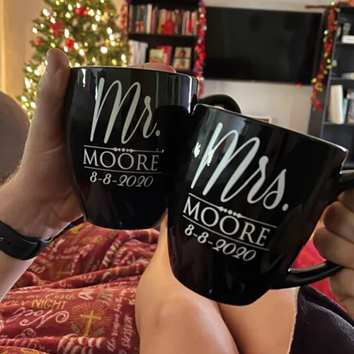 Vista 5 de My Personal Memories Juego de 2 tazas personalizadas de café con leche de 16 onzas para parejas, regalo personalizado para novia, novio suyo, ella