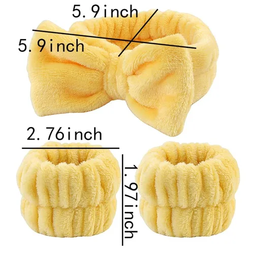 Vista 2 de Diadema para lavar la cara para mujeres y niñas, pulseras de lavado facial para mujeres y niñas, diadema de spa para niñas y mujeres, Amarillo