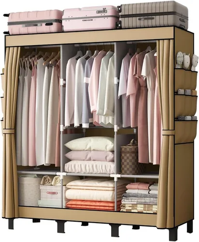 Vista 11 de Armario portátil, caja de almacenamiento de ropa, armario simple para colgar ropa, múltiples estantes y 3 barras, 6 bolsillos laterales (negro)