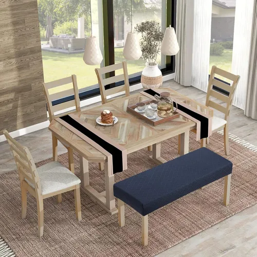 Vista 8 de YISUN Fundas de banco para comedor de Jacquard, funda elástica lavable y extraíble para banco, protector de asiento rectangular para bancos de Azul