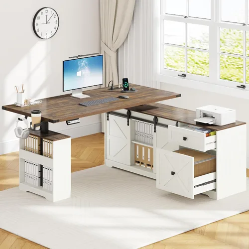 Vista 11 de St.Mandyu Escritorio eléctrico de pie en forma de L, escritorio de computadora ajustable de altura de 55 pulgadas con cajón de archivos, puerta