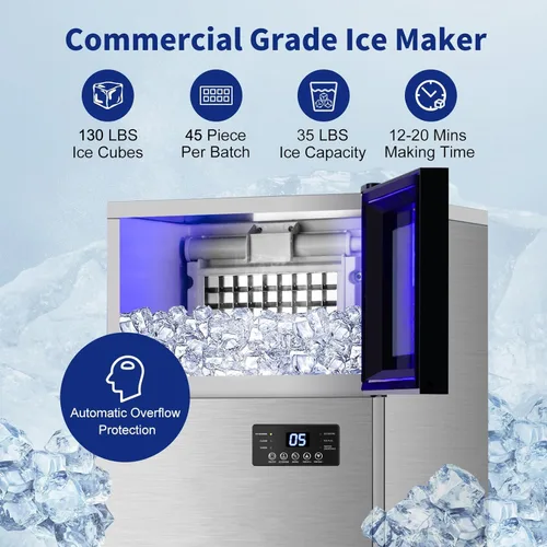 Vista 2 de Máquina de hielo comercial de 130 libras/24 horas, máquina de hielo mejorada de 15 pulgadas de ancho debajo del mostrador con capacidad de hielo