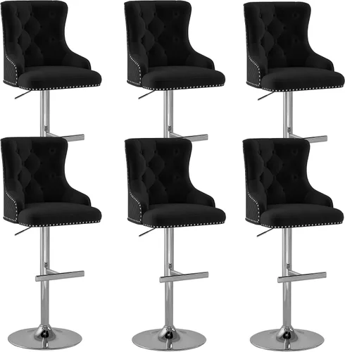 Vista 35 de Juego de 2 taburetes de bar de terciopelo, altura ajustable, base de metal dorado, beige Diseño de cabeza de clavo, función giratoria, ideal