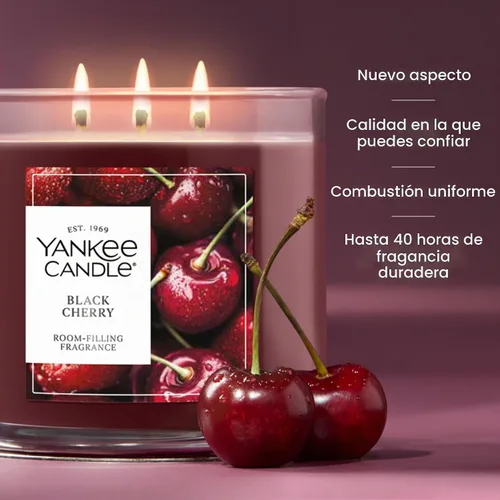 Vista 4 de Yankee Candle Vela perfumada de cereza negra, tarro de vela de 3 mechas de 14.5 onzas con hasta 40 horas de tiempo de combustión, regalo Granate