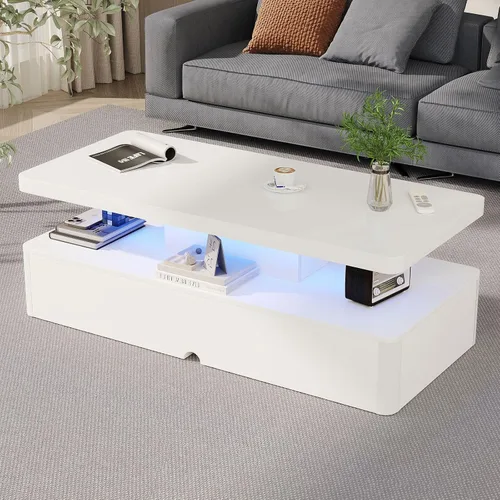 Vista 9 de MXV - Mesa de café moderna, mesas de café de 40 pulgadas con luces LED de 16 colores, mesa central rectangular de 2 niveles, gran espacio de 40