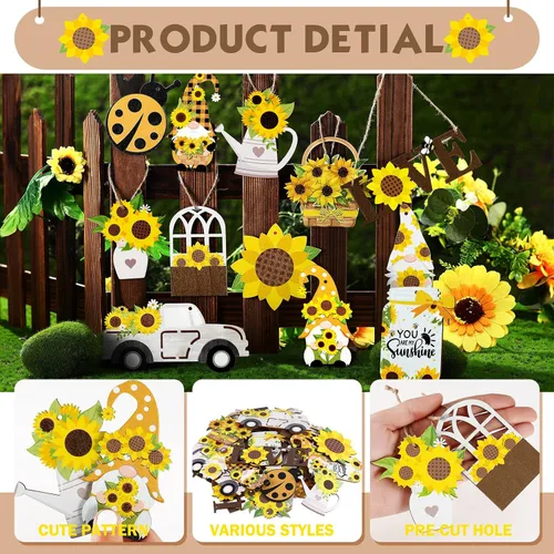 Vista 4 de Paquete de 48 adornos de gnomo de girasol para árbol de verano, colgante de madera con flores amarillas, decoraciones de fiesta de verano, recuerdos