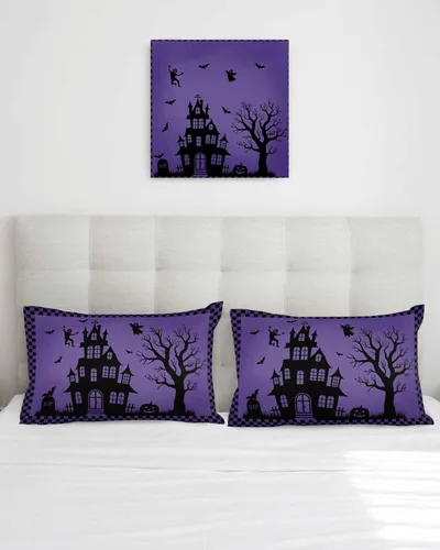Vista 3 de Juego de 2 fundas de almohada de Halloween de 20 x 12 pulgadas, diseño de castillo embrujado, fantasma, fundas de cojín decorativas, fundas