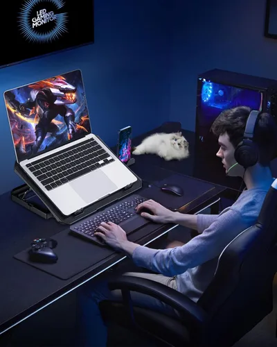 Vista 6 de AICHESON Almohadilla de enfriamiento para laptop de 12 a 15.6 pulgadas, 6 ventiladores más fríos con luces azules, soporte de enfriamiento
