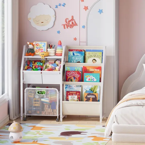 Vista 8 de Estantería para niños y organizador de almacenamiento de juguetes, estante de 3 niveles para habitaciones de niños con cajón móvil, estantería