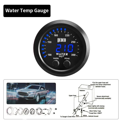 Vista 2 de Universal 52mm Medidor de Temperatura de Agua 0-300F (-17~187C) Electrónico LED Digital Azul DC12V para Automóvil con Adaptador de Sensor