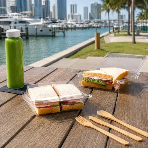 Vista 3 de Restaurantware Contenedor de alimentos, paquete de 100 recipientes de plástico de 6.7 x 5.7 x 1.6 pulgadas, tapa con bisagras, a prueba