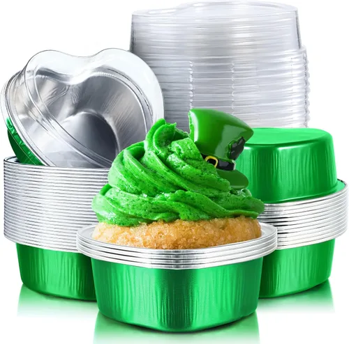 Vista 9 de Juego de 40 moldes de papel de aluminio para tartas en forma de corazón con tapas, 3.4 fl oz/3.4 onzas, desechables, mini tazas para hornear