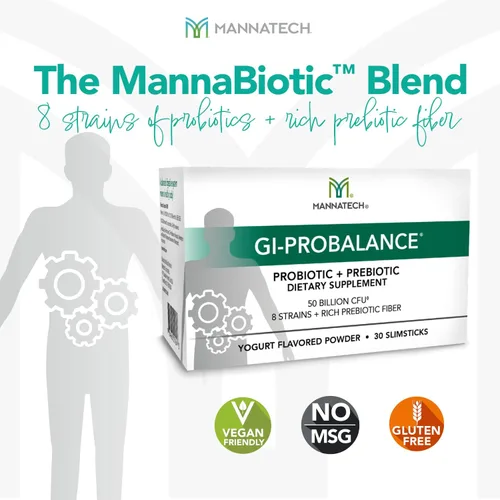 Vista 4 de Mannatech Prebióticos y probióticos, 30 slimsticks, sabor a yogur, GI-ProBalance con mezcla MannaBiótica, polvo pre y probióticos para la salud