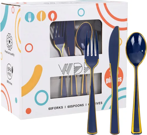 Vista 11 de WDF 180 cubiertos de plástico plateado – cubiertos de plástico plateado – cubiertos de plástico elegante resistente – 60 tenedores, 60 cuchillos, 60