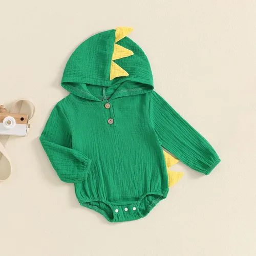 Vista 7 de Thorn Tree Ropa de bebé recién nacido, ropa de dinosaurio de algodón y lino, mameluco con capucha para Halloween Verde
