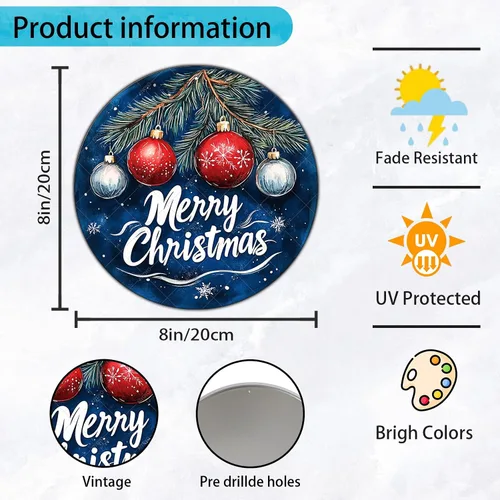 Vista 2 de Letrero redondo de metal rústico para decoración de pared, placa de decoración de pared con texto en inglés "Merry Christmas" azul y plateado