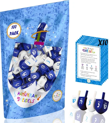 Vista 7 de The Dreidel Company Dreidels de Hanukkah de madera maciza azul y blanco, pintados a mano con transliteración en inglés, incluye tarjetas