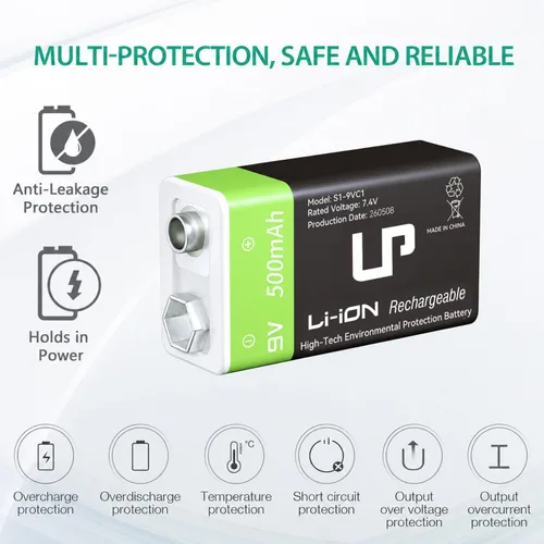 Vista 4 de LP Paquete de baterías recargables de 9V, paquete de 2 unidades, 800mAh de iones de litio, 9 voltios, batería USB con puerto de carga Micro USB