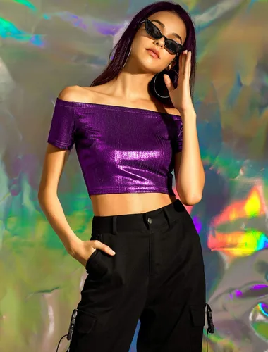 Vista 4 de Allegra K Top corto metálico brillante para mujer, con hombros descubiertos, para fiesta y club