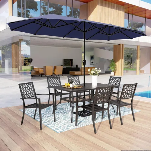 Vista 43 de MFSTUDIO Juego de mesa de comedor para patio al aire libre con paraguas, 4 sillas giratorias y 1 x 37 cuadrado Bistro forjado Iorn Slat mesa grande