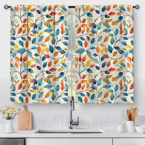 Vista 14 de Aimego - Cortinas de cocina con plantas rústicas y flores de primavera, botánicas, con hojas verdes, cortas, para cafetería, baño, con bolsillo