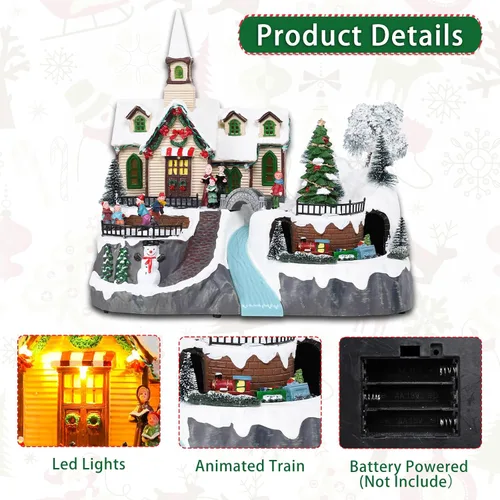 Vista 5 de DREAM GARDEN Casa de pueblo de Navidad, iglesia iluminada con tren en movimiento y árbol de Navidad, funciona con pilas, edificios musicales