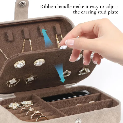 Vista 4 de Hatori Joyero de viaje, organizador de joyas pequeño de piel sintética para mujeres y niñas, mini estuche de viaje portátil, cajas de almacenamiento