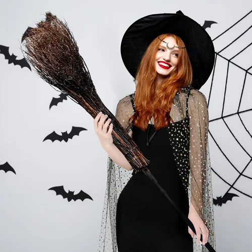 Vista 4 de Toulite Juego de 2 piezas de disfraz de bruja de Halloween, luna dorada, estrella, capa con capucha, capa de bruja con capucha para mujer, cadena