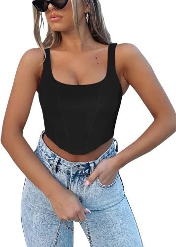 Vista 3 de REORIA - Camiseta corta sin mangas con cuello cuadrado sexy para mujer