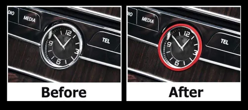 Vista 2 de iJDMTOY Anillo de aluminio rojo para decoración de salpicadero interior de reloj analógico compatible con Mercedes W205 Clase C W213 Clase E X205