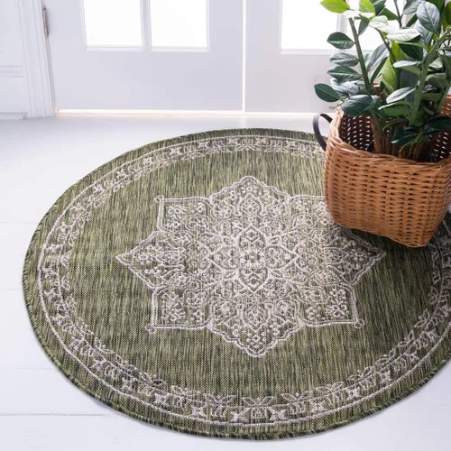 Vista 50 de Unique Loom Alfombra de la colección tradicional para exteriores, antigua (4 pies 1 pulgada, redonda, verde azulado/gris)