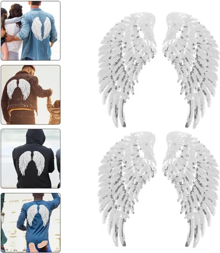 Vista 8 de Kichvoe Sequin Angel Wings Iron-on Applique Patch for Clothing DIY Sewing, Silver Embroidered Fabric Patch 2 Pairs for Jackets Garment Decor