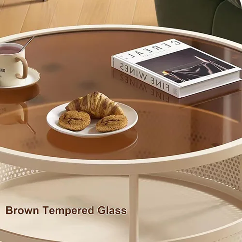 Vista 3 de Mesa de centro de cristal con ruedas giratorias, mesa de té redonda de 2 niveles con cesta de almacenamiento hueca de hierro, moderna mesa central