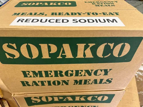 Vista 3 de MRE 7020 caja de 14 raciones de alimento de emergencia reducido en sodio - Listo para consumir, sellado y envasado en fábrica - 01/22