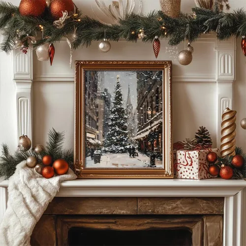 Vista 6 de Hwetui Juego de 6 Pósteres de Arte de Pared de Lienzo Navideño Vintage, Cuadros de Reno y Árbol Invernal Decoración de Pared, Pinturas de Paisajes