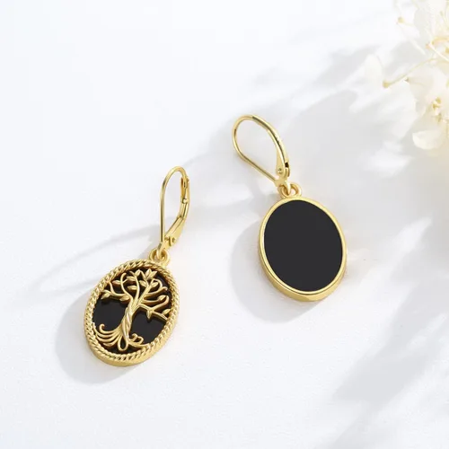 Vista 4 de Aretes colgantes de árbol de la vida de ónix negro, plata de ley 925, oro y árbol de la vida, joyería de regalo para mujeres y mamá, Plata de ley
