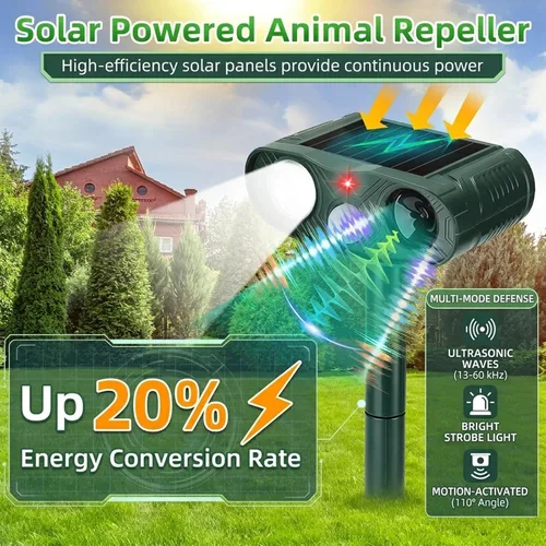 Vista 5 de Paquete de 4 repelentes solares de animales para exteriores: dispositivos repelentes de ciervos Sonic Fortress Pro y repelente ultrasónico