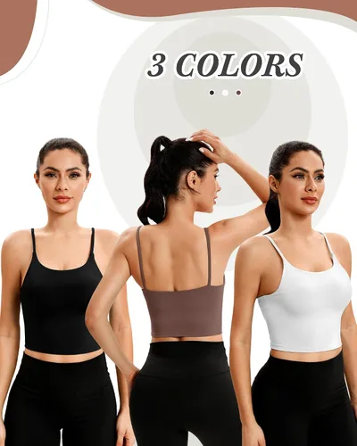 Vista 3 de 3 piezas de brasier deportivo de línea larga para mujer, con tirantes delgados, parte superior acolchada para yoga, entrenamiento, fitness, brasier