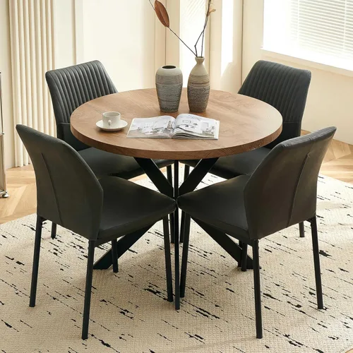 Vista 12 de Juego de mesa de comedor para 4, mesa de comedor rectangular irregular de madera moderna, sillas de comedor de cuero, 4 mesas y sillas, juego de 4